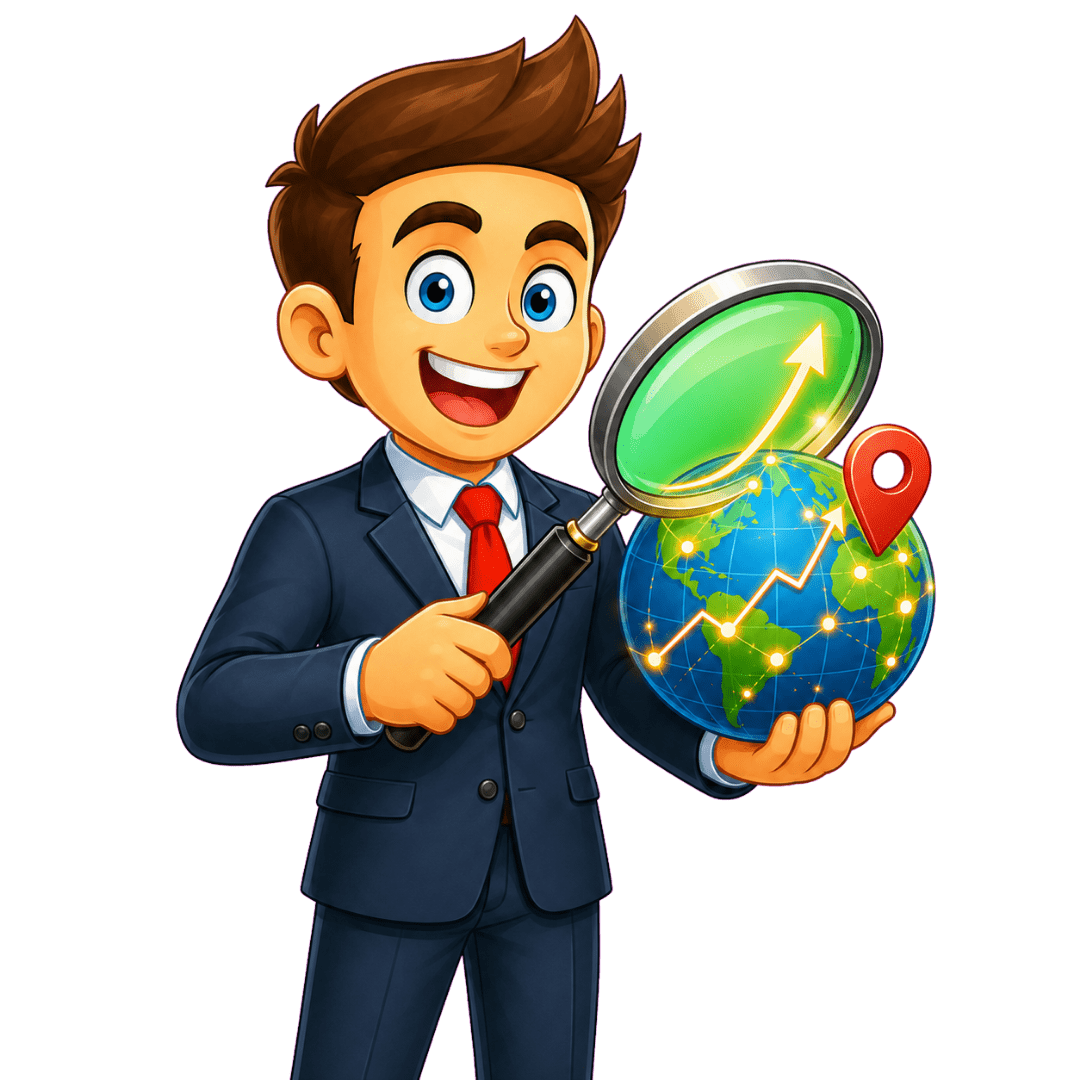 Especialista en posicionamiento SEO y GEO con lupa, globo y gráfica de crecimiento digital.
